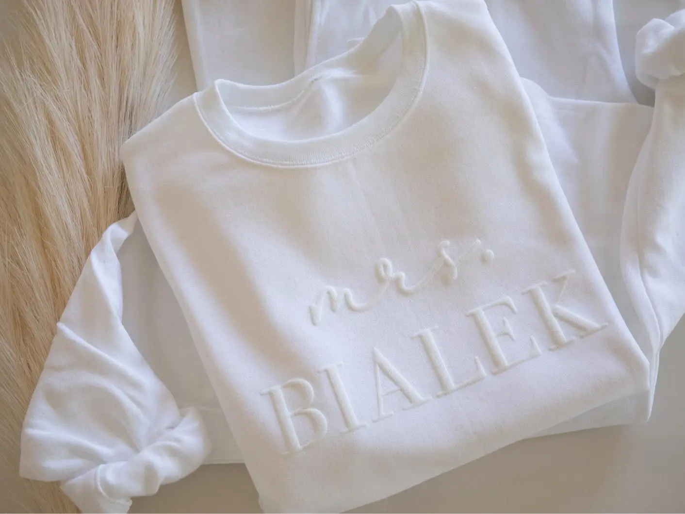 Personalized Mrs Sweatshirt, Custom Wedding Gift, Anniversary Gift for Her, Mrs Neckline Embossed Sweater, Wedding Date Sleeve, Bride To Be Hoodie Customized