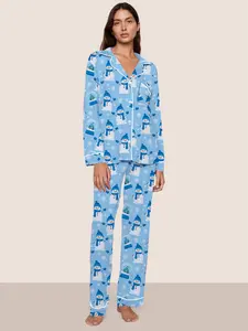 Women's Christmas Snowman Print Pajama Set, Long Sleeve Lapel Cardigan Two-Piece Sleepwear, Blue Snowflake Pattern Home Wear