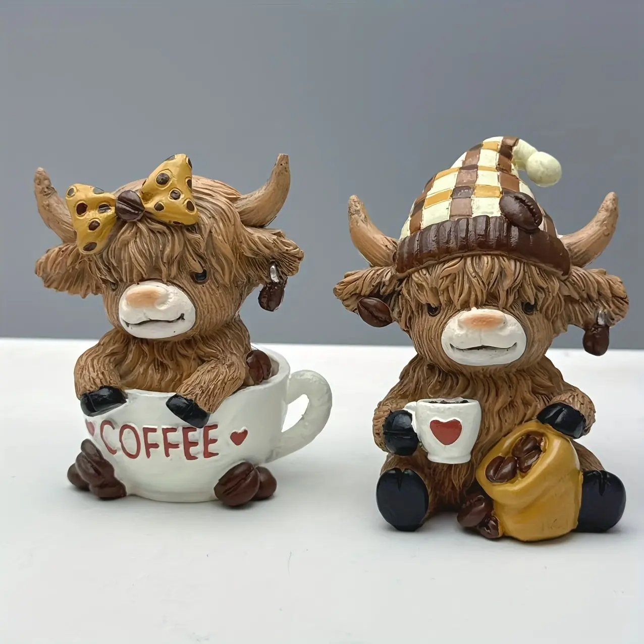 Hand-Painted Scottish Highland Cow Figurine - Retro Resin Farm Animal Statue with Tartan Hat, Coffee Mug, Easter Collectible Gift for Cow Collectors, Scottish-Themed Home Decor, Farm Animal Figurines