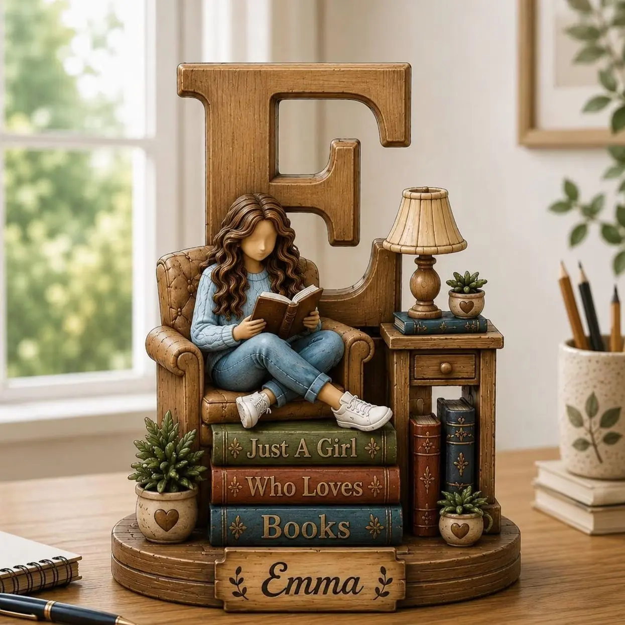 Personalized Wooden Book Lover Figurine, Custom Initial Letter & Name Block, Reader Shelf Decor, Library Decoration, Book Lover Gift