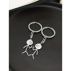 Cute Cartoon Stickman Design Heart Keychain, Fashionable Stainless Steel Keychain for Women & Men, Trendy All-match Keychain for Birthday Gift