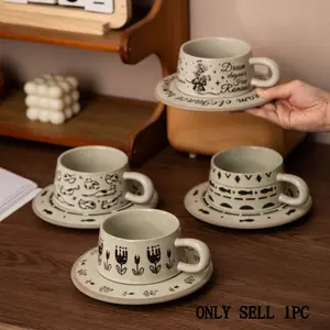 Ceramic Coffee Cup Set, Coarse Pottery Tea Cups, Saucer, Dishwasher Safe, Ideal for Cafes, Offices, Afternoon Tea, Non-Bone China