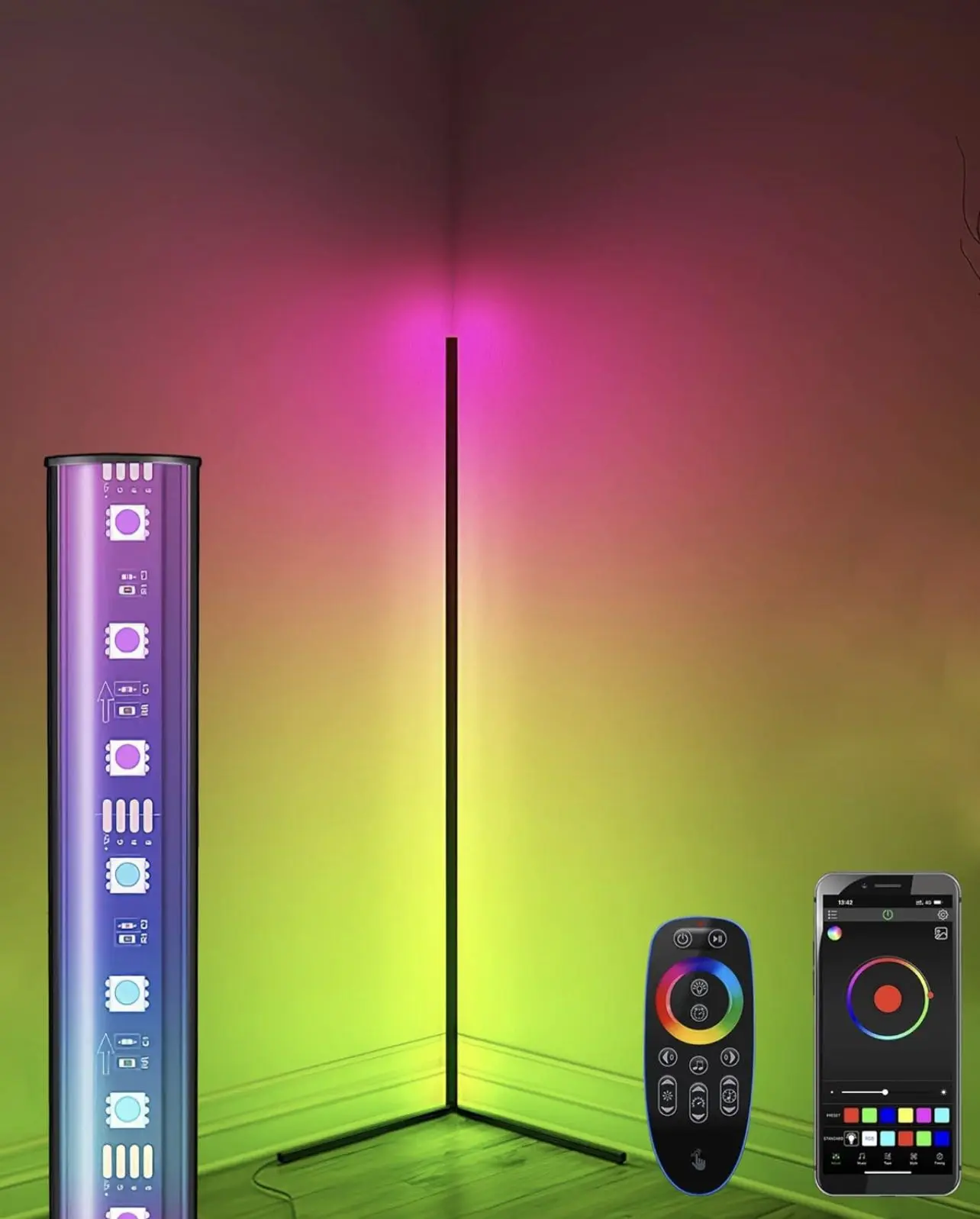 BOCA 56-in Minimalist LED Corner Floor Lamp, 110V 20W Smart APP & Remote Control, RGB Colors Led Light Strips, Music Sync, Easy-Install Indoor Use Ambient Mood Light for Holidays