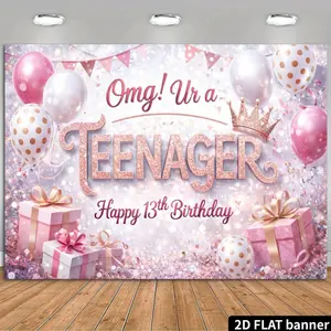 2d flat black background with pink gold 13th birthday cloth, three-dimensional pink glitter"TEENAGER" text, pink handwritten "Omg!" "Ur a", "Happy 13th Birthday", pink and gold crown, paire, Party Decor, Party Decorations Banners