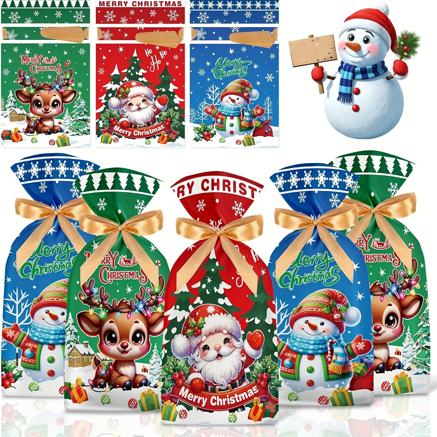 Mixed Christmas Drawstring Gift Bags 50 Pcs - Plastic Reusable for Winter Holiday, Party Favors, Santa Snowman, Xmas Wrapping Decorations Bags