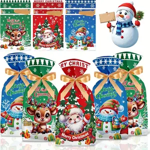Mixed Christmas Drawstring Gift Bags 50 Pcs - Plastic Reusable for Winter Holiday, Party Favors, Santa Snowman, Xmas Wrapping Decorations Bags