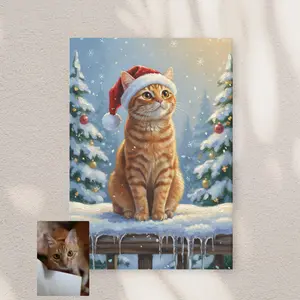 Custom Pet Portrait Christmas Gift Personalized Cat or Dog Canvas Holiday Home Decor Wood Material