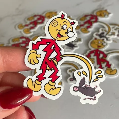 Reddy Kilowatt Peeing on Rat, Hard Hat Sticker, Lineman sticker, Blue Collar Sticker, Power Lineman Sticker
