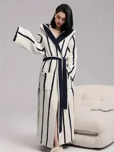 Women's Striped Print Double Sided Fleece Lounge Robe, Casual Long Sleeve Warm Bathrobe, Couple Style Nightgown for Women in Autumn and Winter, Nightwear, Loungewear, Womenswear