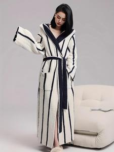 women's striped print double sided fleece lounge robe, casual long sleeve warm bathrobe, couple style nightgown for women in autumn and winter