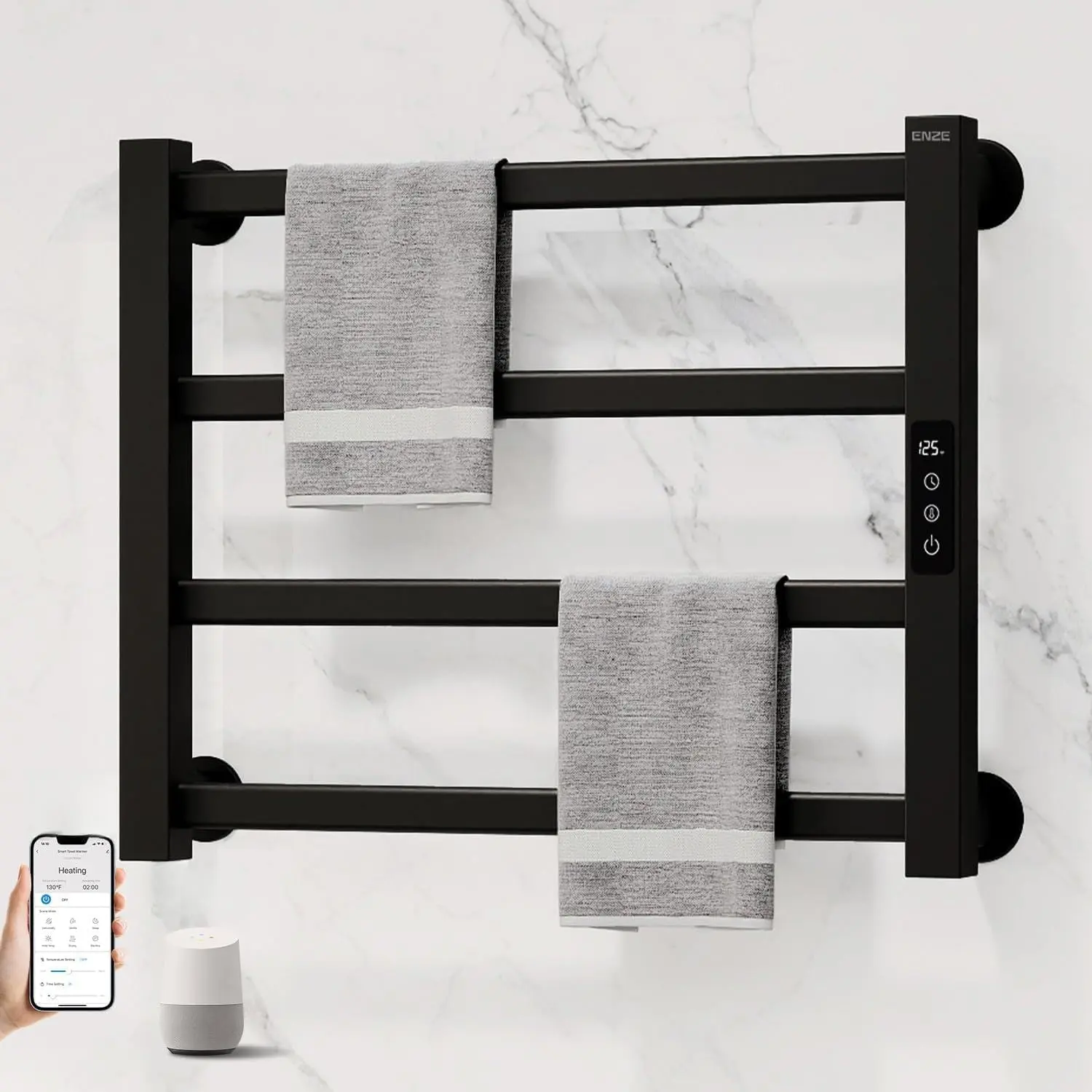 ENZE Smart Heated Bath Towel Rack - 4-Bar Metallic Wall-Mounted Electric Towel Warmer (115W), Wi-Fi App Control, LED Touch Screen, Adjustable Temperature, 24H Timer, IPX5 Waterproof, Plug-in/Hardwired, Matte Black Set