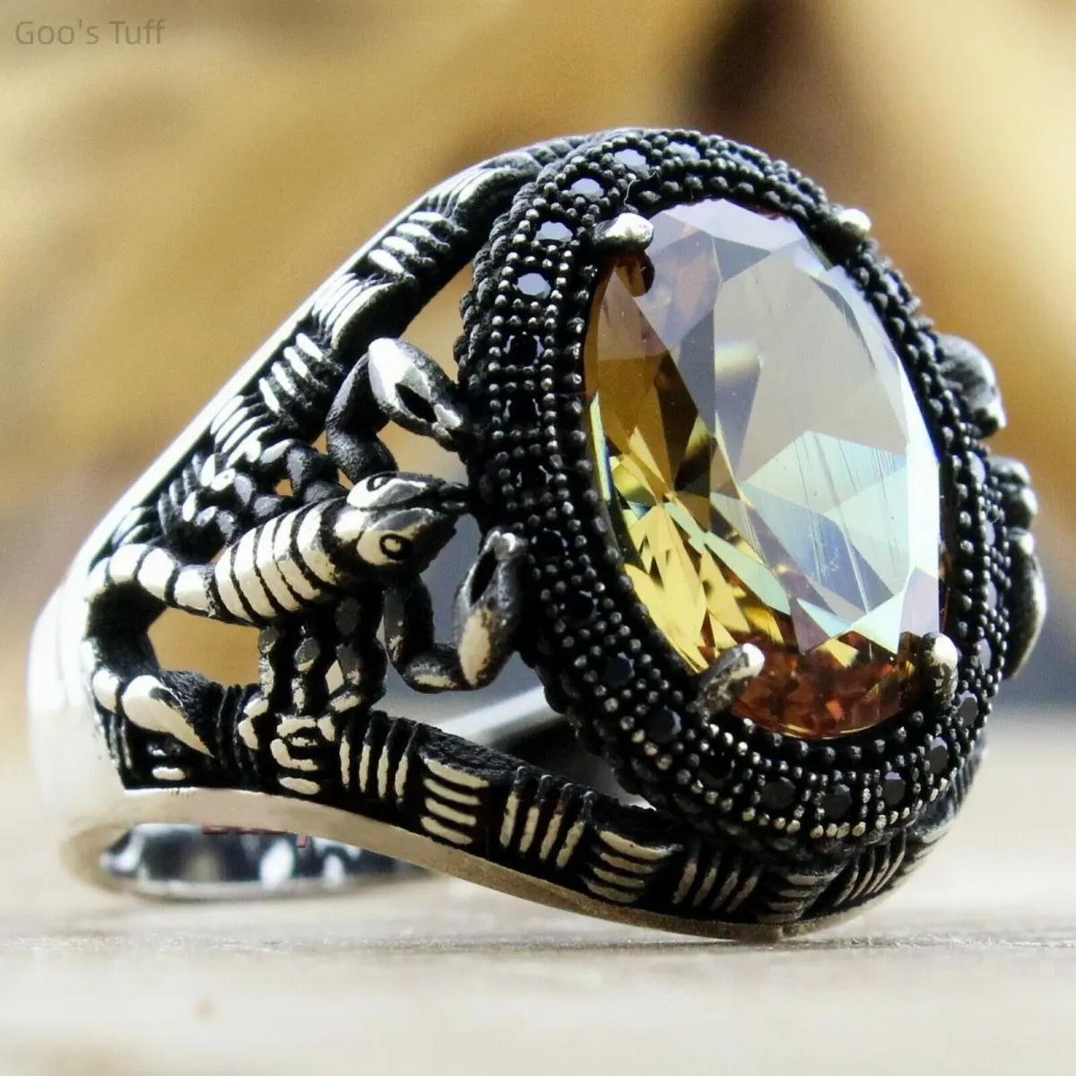 Gothic Punk Oxidized Band Ring with Scorpion Motif, Unisex Anti-Tarnish Statement Jewelry with Yellow Zircon, Gothic Band Ring, Fashion Rings, Oxidized Rings
