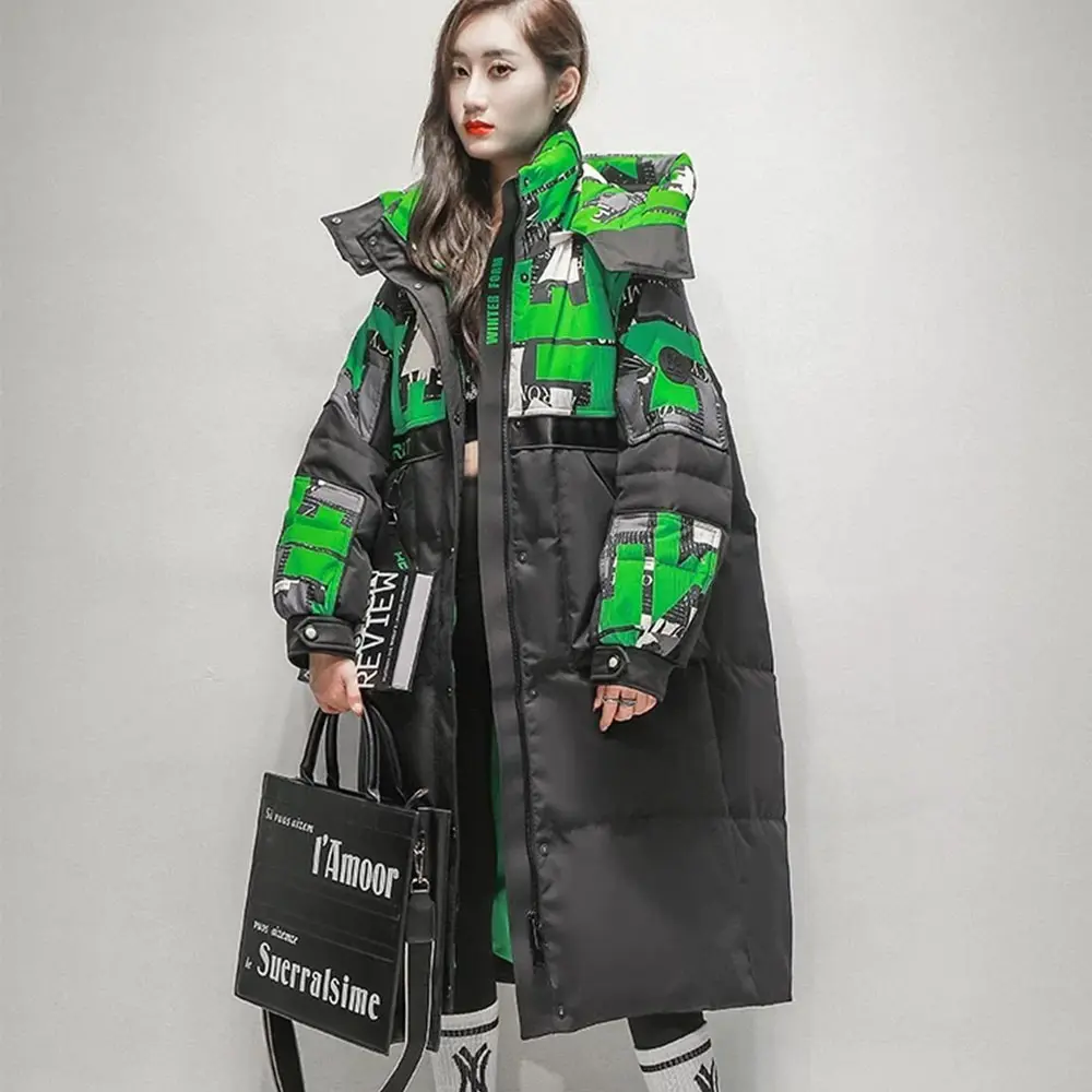 Korean Style Color Block Puffer Coat for Lady, Thick Midi Winter Outerwear with Hood and Loose Fit Long Sleeves, Tops, Jackets, Women