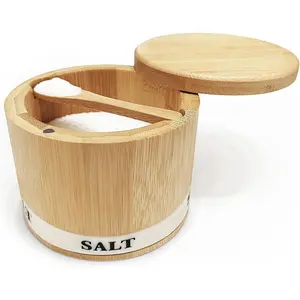 Salt Box Bamboo Salt Container with Swivel Lid with Magnetic to Easily Open and Seal Salt Cellar With Spoon for Storing Salt Pepper Sugar Herbs Small Spice Box