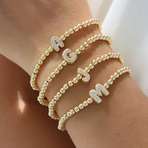 Round bead letter bracelet golden zircon elastic line hand jewelry daily matching
