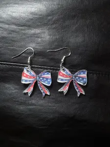 Vintage American Independence Day Earrings, Trendy Jewelry, Blue Star & Bow, Double-Sided Pendant, Patriotic Wear, July 4th Gift