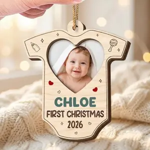 Personalized Family Christmas Ornament 2026 – Custom 2 Layer Wooden Name and Photo Ornament, Holiday Gift