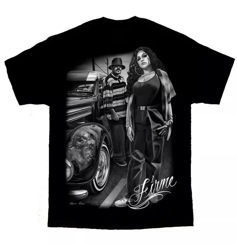 Firme Chicano Art David Gonzales DGA Lowrider T-Shirt Summer - Black Shorts with Graphic Design, Featuring Classic Lowrider Style and Chicano Art - Menswear, Top