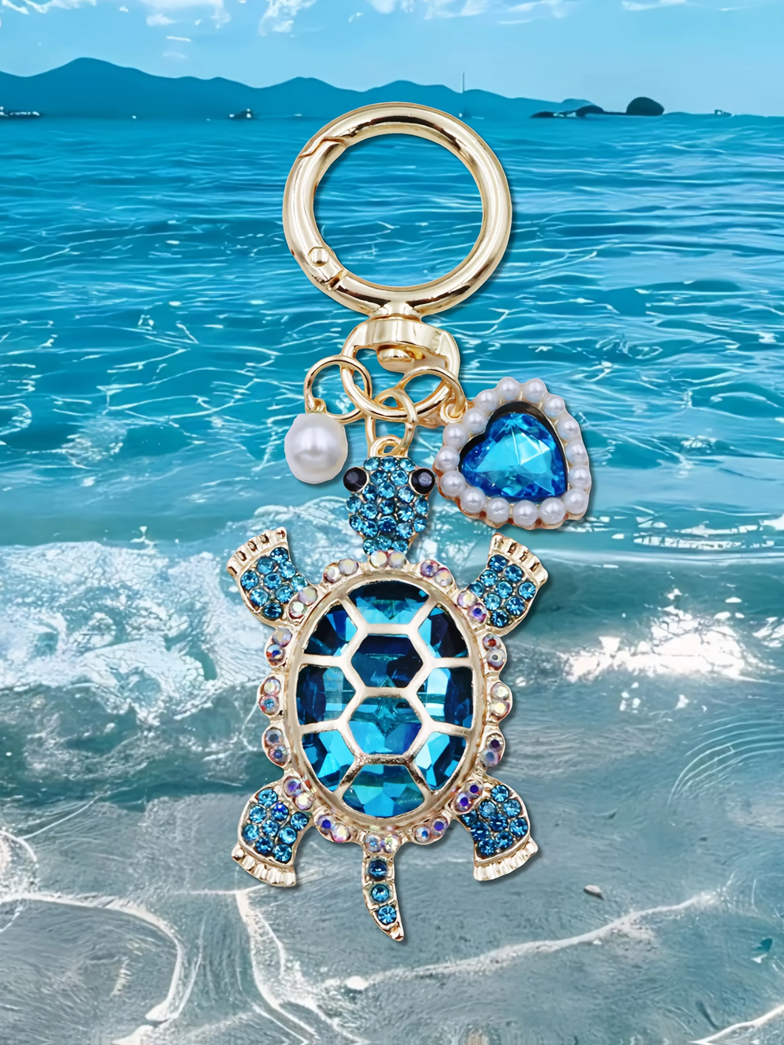 Faux Rhinestones Sea-Turtle Charm Keychain, Stylish Keychain, Keychain Jewelry, with Faux Pearl &Heart Design Decor for Valentines Day, Turtle Keyring Ornaments Gift for Men Women, Backpack Purse Accessories Car Pendant