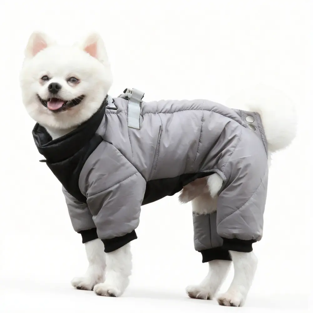 Small-Medium Dog Cold-Proof Plain Coat Set - Windproof Polyester 4-Legged Full-Body Snowsuit (covers all 4 legs), Hooded Sweater, Handmade with Bell, Knitted Scarf, Cape, Hat, Collar, Leash Pattern, Dreadlock Costume for Cold Weather Warmth