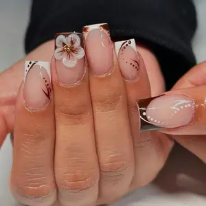 10pcs Y2K Style 3D White Floral Brown Press On Nails, Handmade Brown Lines And Polka Dot Square Nails, Paired With White Floral Fake Nails, Nails For Autumn And Winder, Flower Design Nails, Suitable For Daily Use