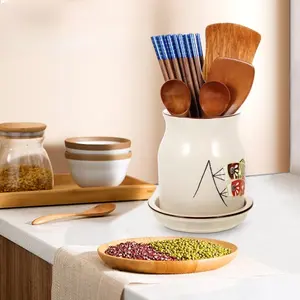 Ceramic Utensil Storage Jar, 1 Set Kitchen Utensil Holder with Water Tray, Creative Utensil Storage Container for Kitchen Restaurant, Bottles