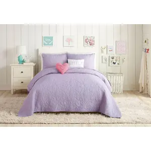 Solid Lavender Purple Hearts Kids Girls Cotton 5-Pc Quilt Set (Includes 2 Pillows) Full Queen Size