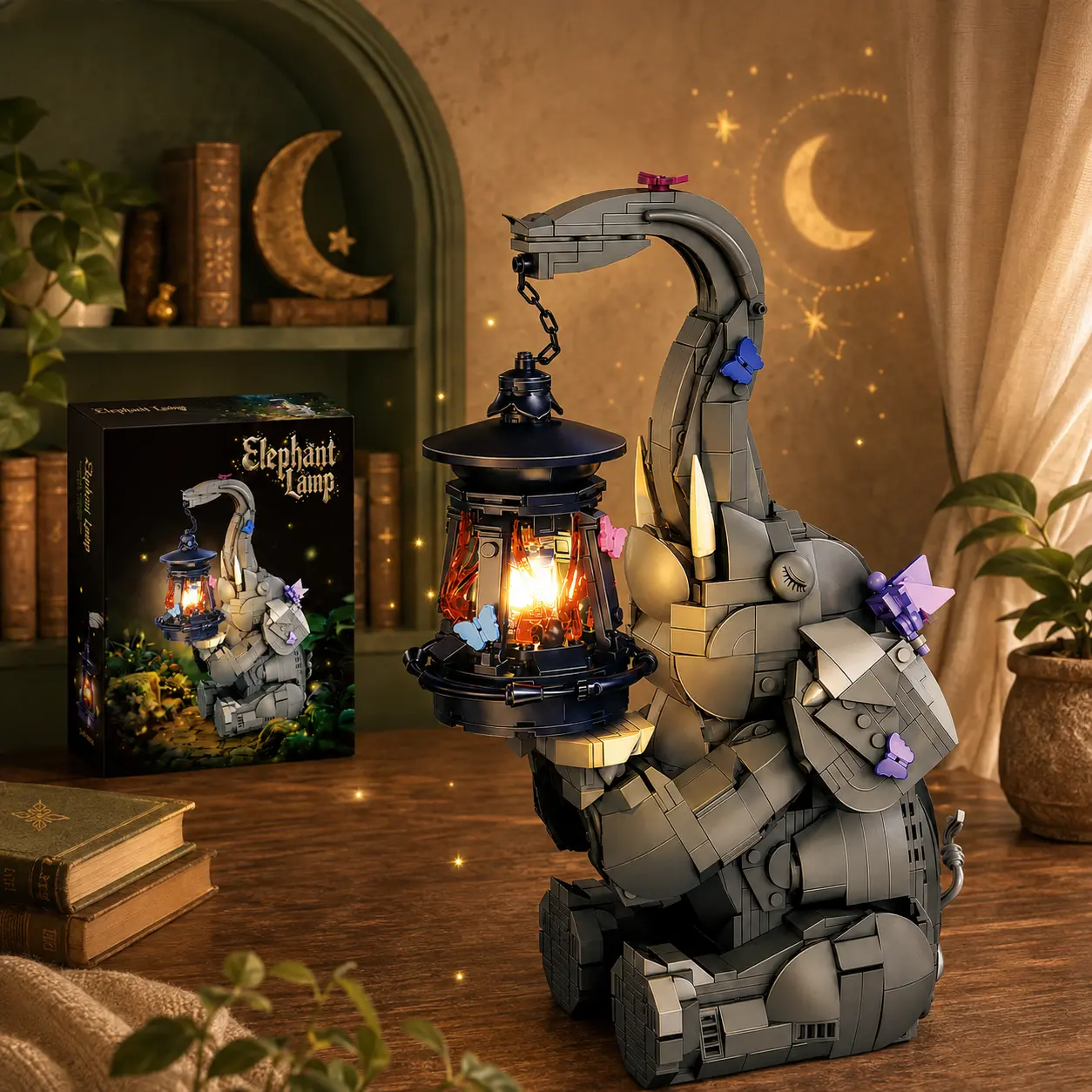 Enchanted Forest Elephant Lantern Building Block Set, 1106-Piece Light-Up Animal Model with Butterfly Details, DIY Magical Room Decor Gift for Adults Teens (Birthday, Christmas) brick halloween build toys him boy kid girl