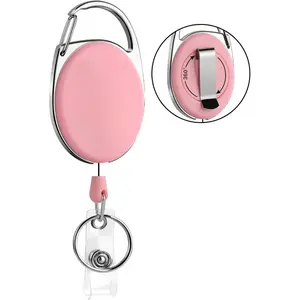 Retractable Badge Reel with  Swivel Belt Clip and Key Ring, Heavy Duty Retractable Keychain Carabiner ID Badge Holder  Pink