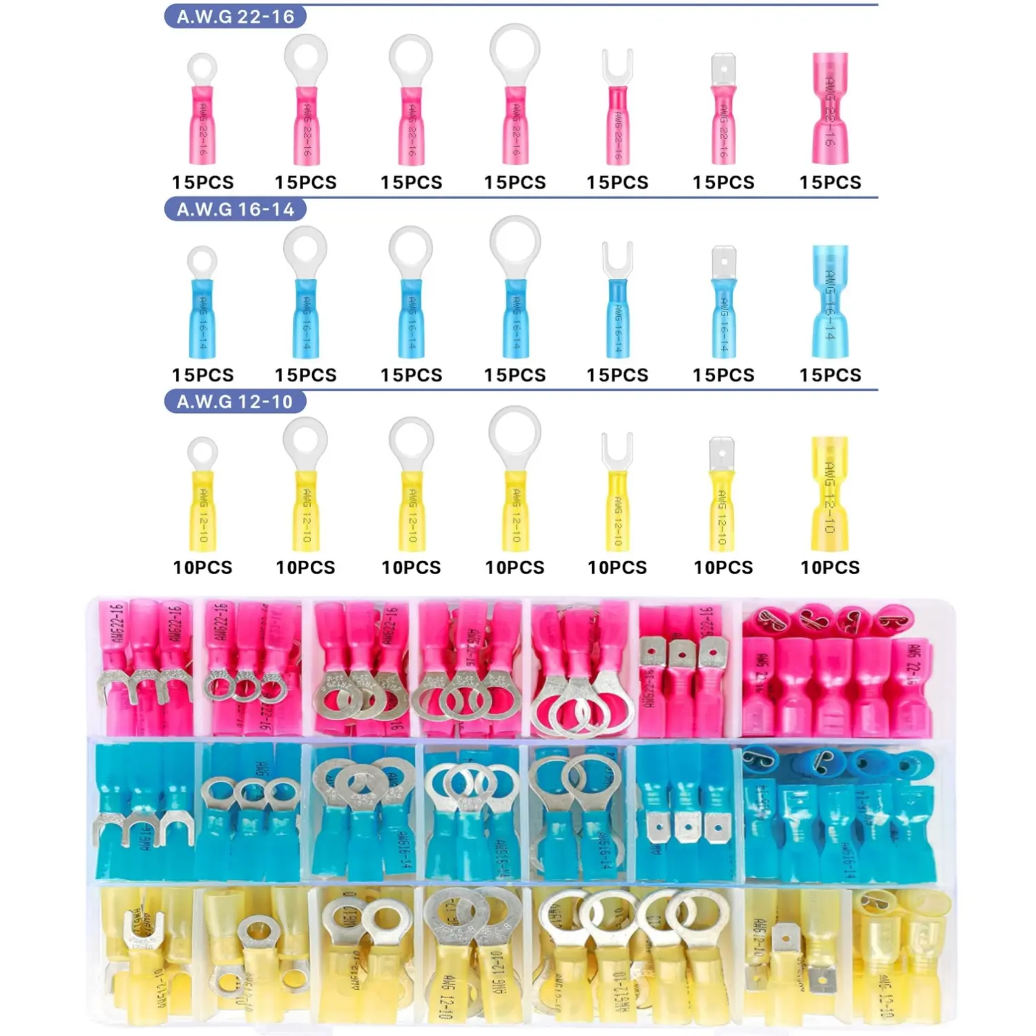 90-Piece Heat Shrink Voltage Connectors Electrical Kit - Copper Core, Double-Wall Tube, AWG 22-10 Waterproof Crimp Terminals Assortment with Shovel/Fork/Ring Connectors, Wear Resistance, Less Voltage Instability for Marine, Automotive Wiring