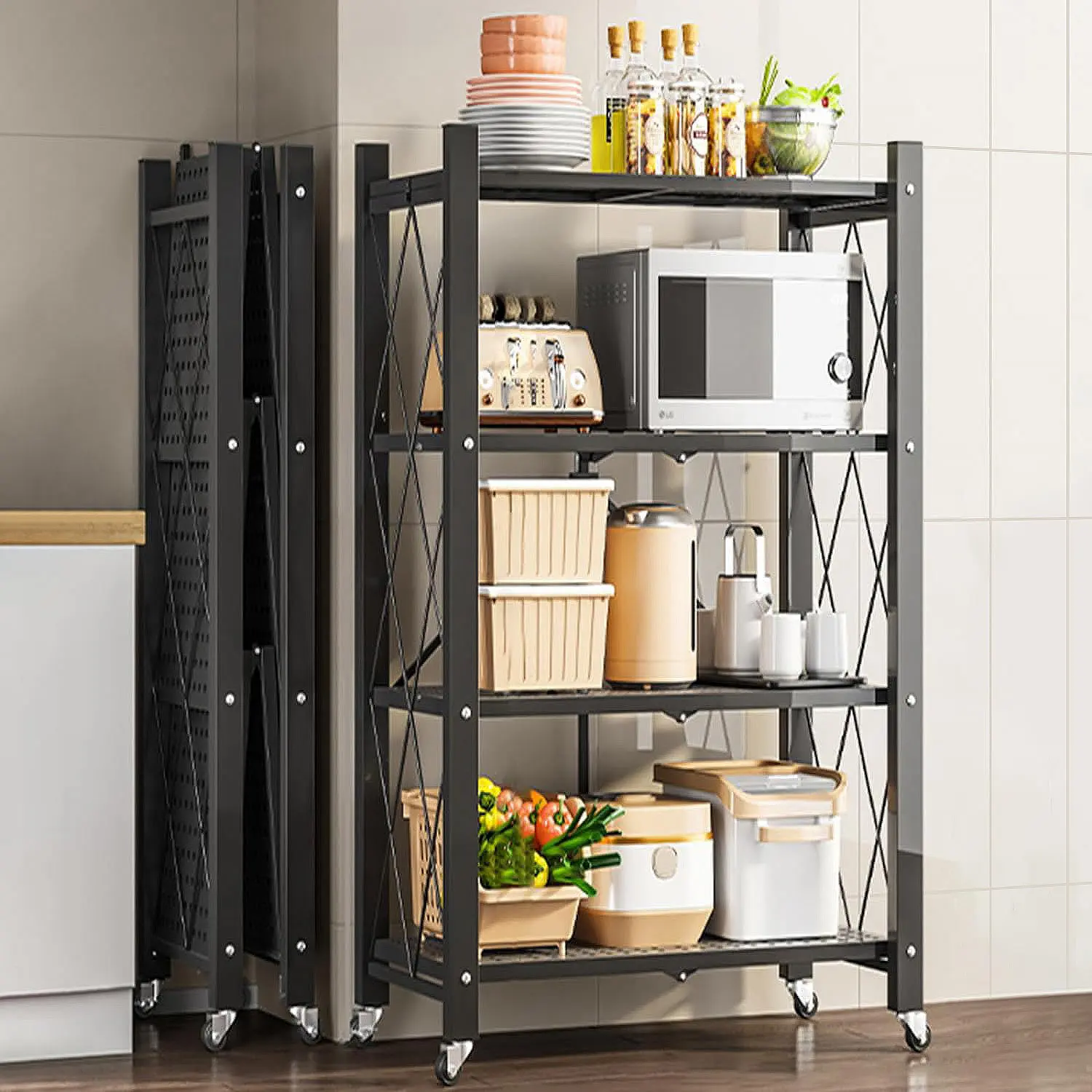 Joybos Foldable Rectangle Metal Storage Rack Shelf with Wheels - Rust-Resistant, Space-Saving Home Organizer, Up to 330lb/150kg Capacity for Garage, Office