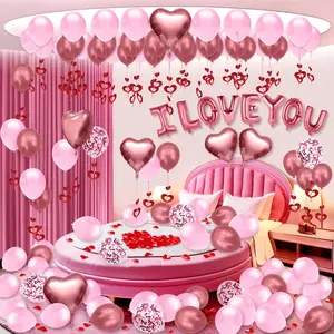 MELLOW MORNINGS Valentines Day Balloons Kit with Rose Gold Pink Heart Balloons Rose Petals I Love You Balloons for Anniversary Mothers Day Wedding Romantic Decorations Special Night floating  balloons