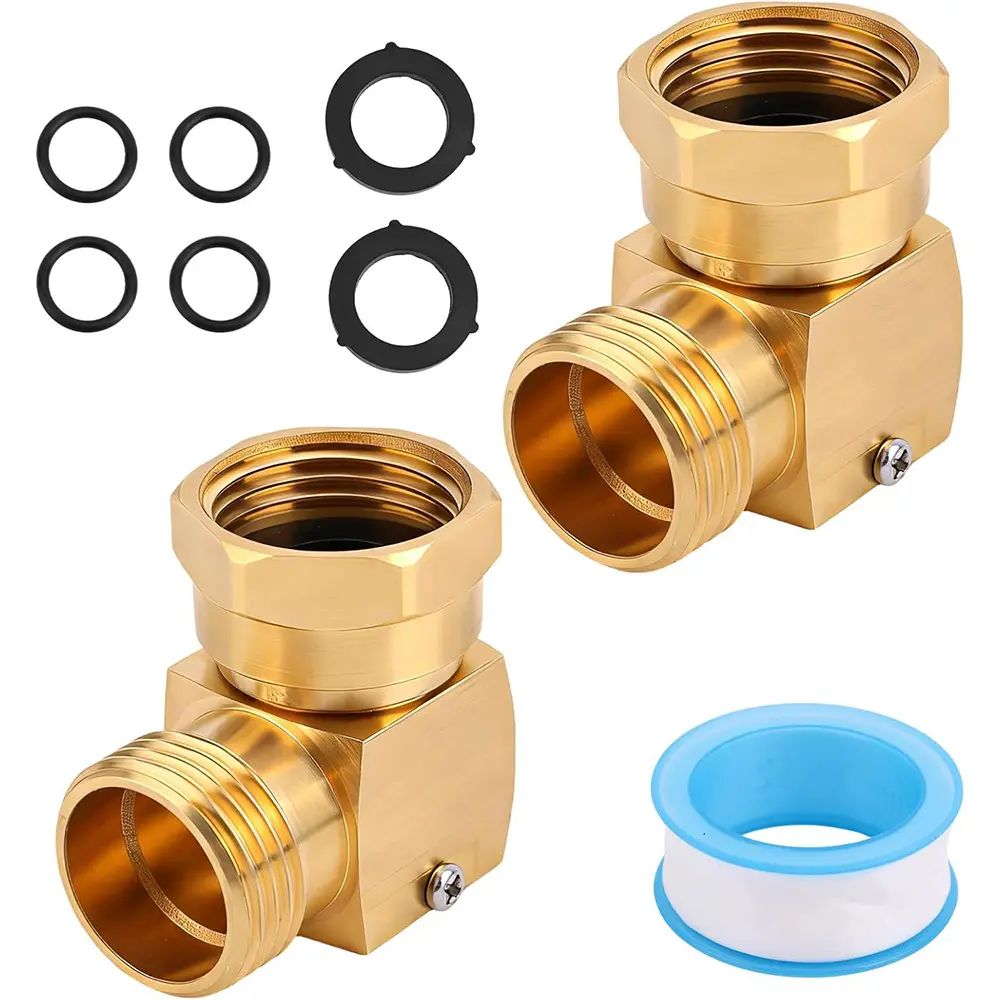 Pack of 2 Garden Hose Swivel elbow Connector 90 Degree Solid Brass Pipe Fittings Hose Kink Protector with 6 Washers & 1 Teflon Tape for Outdoor Faucet Spigot RV Anti-Kink Water Hose Adapter