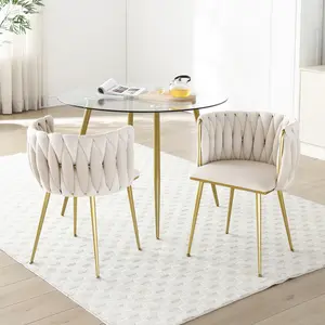 Modern Velvet Dining Chairs Set of 2, Upholstered Woven Dining Chair with Golden Metal Legs, Upholstered Dining Chairs for Dining Room, Kitchen, Vanity, Living Room