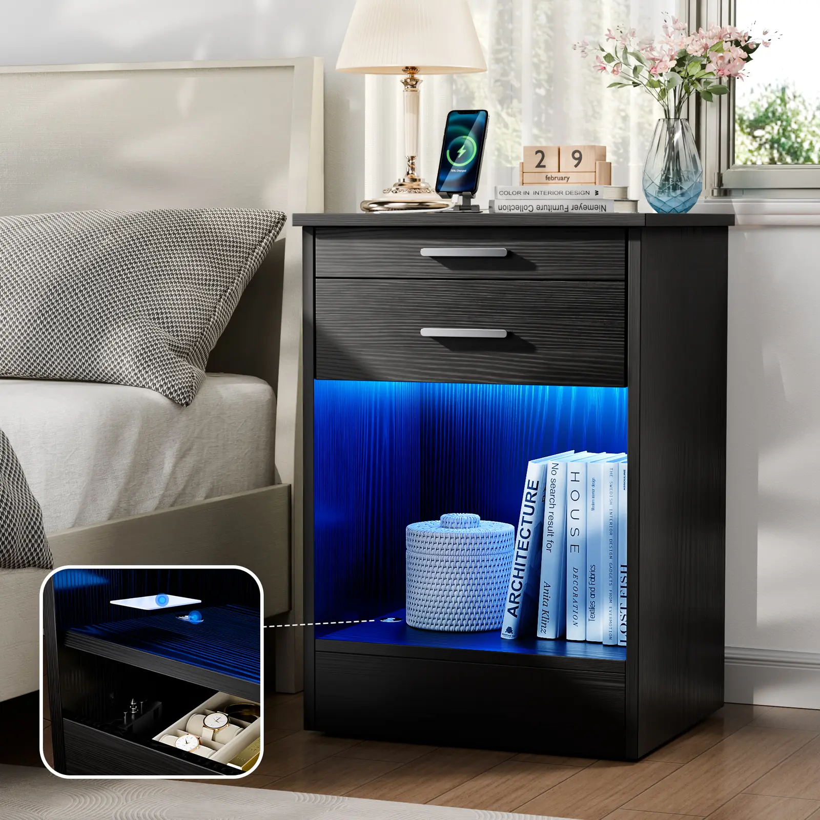 Gyfimoie Nightstand with RFID Lock Cabinet & Wireless Charging Station, Night Stand with LED Lights & Human Body Senor, Bedside Table with Tray & 2 Drawers, End Side Table with Hidden Compartment(Black )
