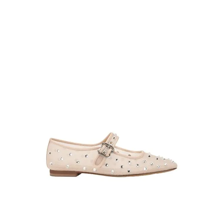 Women's nude rhinestone Mary Jane flats, breathable mesh ballet shoes with buckle strap, summer low heel casual dress shoes