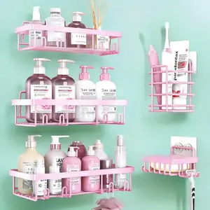 2026 5-Pack Rustproof Stainless Steel Adhesive Shower Caddy No-Drilling Bathroom Storage Shelves Large Capacity Minimalist Design 