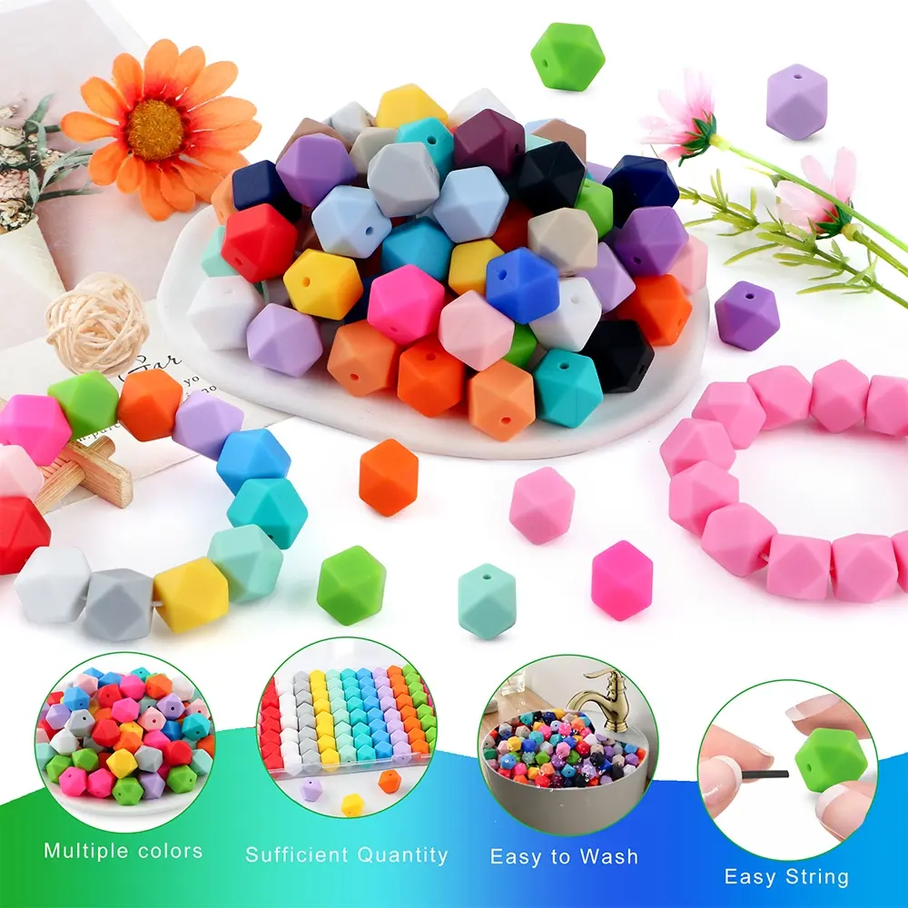 10pcs 14mm Silicone Polygonal Beads,Silicone Hexagon Beads, Assorted Colors, Durable Beads, Suitable for DIY Projects like Phone Straps, Necklaces, and Beaded Pens, Beading Making, DIY Beading Accessories