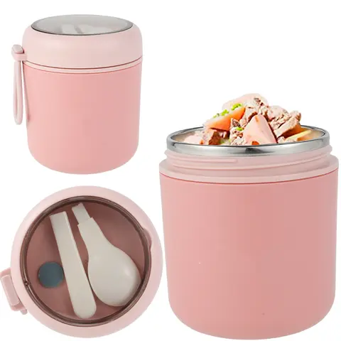 Vacuum Insulated Food Container for Hot Food 304 Stainless Steel Thermal Wide Mouth Food Jar with Foldable Spoon Portable Meal Thermoses with Silicone Handle for School Office Work