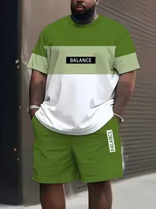 Men's Plus Size Two-Piece Sportswear Set, Sporty Set, and Colorblock, 3D Print T-Shirt and Fashion Short Pants, Casual Round Neck, Athletic Workout Clothing