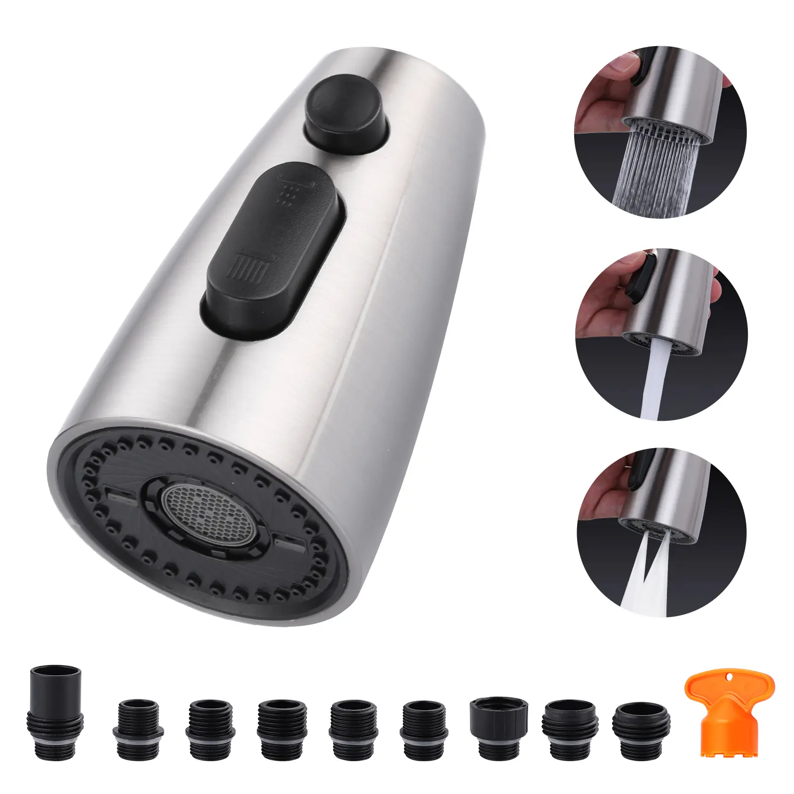 WOWOW Brushed Nickel Kitchen Faucet Head Replacement - 3-Function Pull-Out Sprayer Attachment with 9 Adapters, Faucet Aerator, Easy-Clean, Durable, Classic, Traditional, Glam Stream, Simple Sink Installation