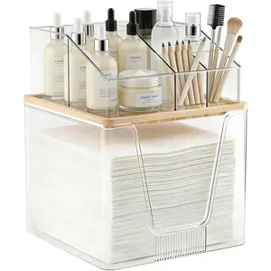 2-Tier 2-in-1 Disposable Facial Towel Holder & Cosmetic Organizer, Clear Bamboo-Lidded Storage Compatible with Clean Skin Club XL Towels, Stackable Bathroom Vanity Counter Organizer