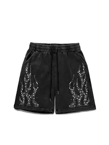 Men's Summer Casual Shorts, Vintage Street Style Washed Look, Tie-Dye Flame Embroidered Design, Trendy Fashion Sportswear