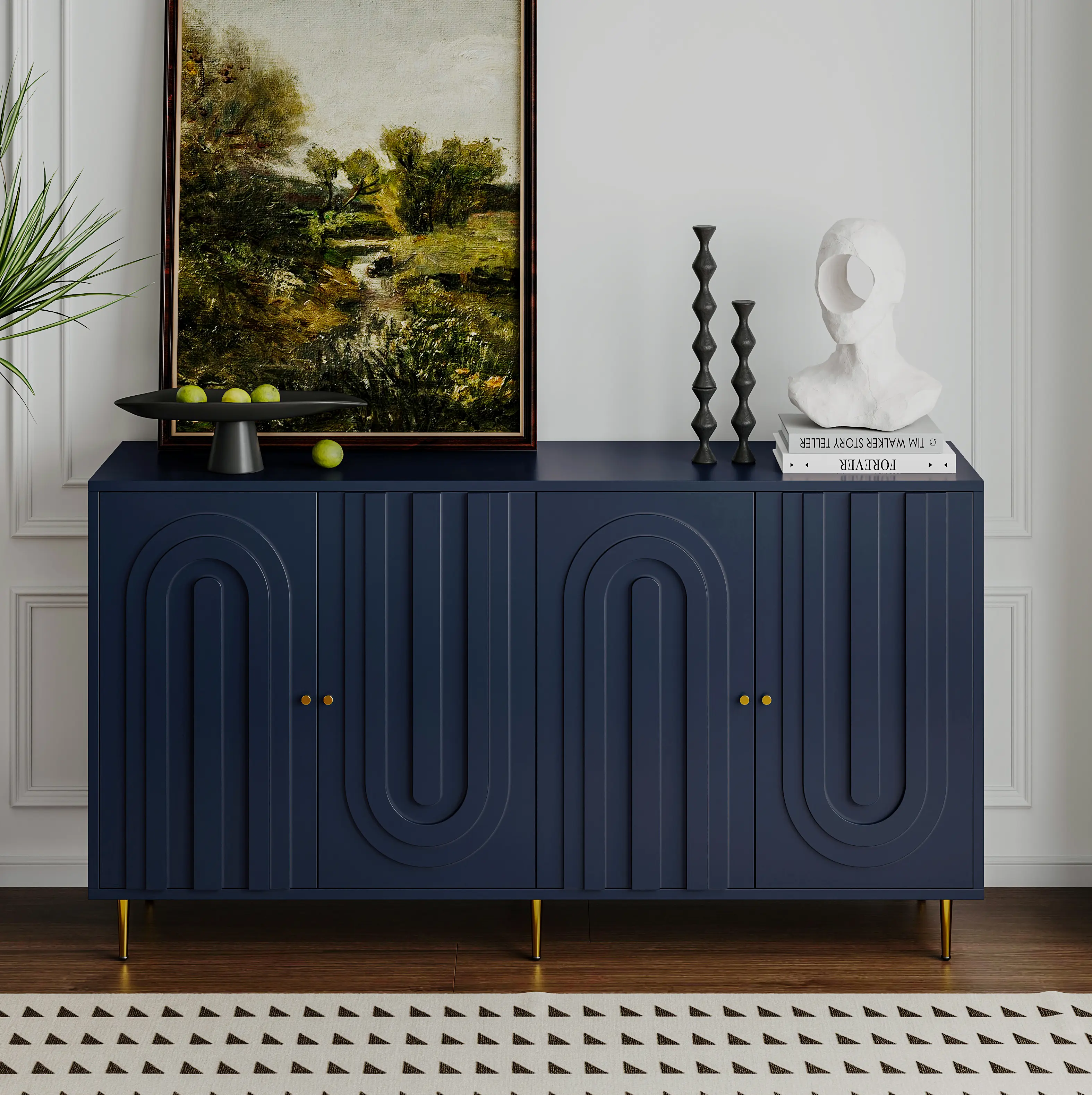 YYDS Modern Blue Lacquered 4 Door Wooden Cabinet Sideboard Buffet Server Cabinet Storage Cabinet, for Living Room, Entryway, Hallway, Office, Kitchen and Dining Room