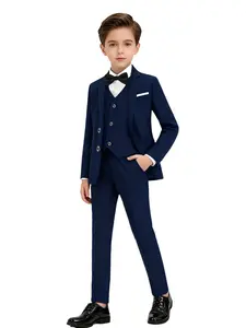 Boys 4-Piece Formal Solid Color Suit Set | Blazer + Vest + Pants + Bow Tie | Elastic Waist | 2 Colors: Black/Navy | Sizes 100-150cm | For Weddings, Performances & Formal Occasions (No Shirt Included)