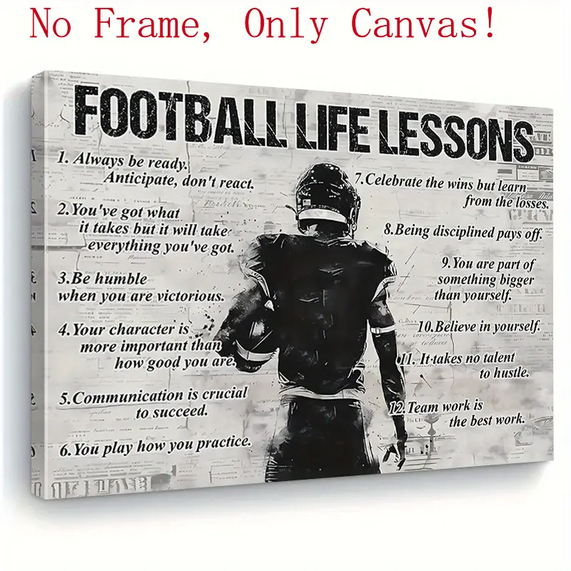 "Football Life Lessons" Waterproof Motivational Unframed Canvas Wall Art Print - 12 Inspirational Sports Quotes Poster - Black & White Athlete Wall Decor, Boys Room Decoration (Home Supplies), Water Proof, Kid Room