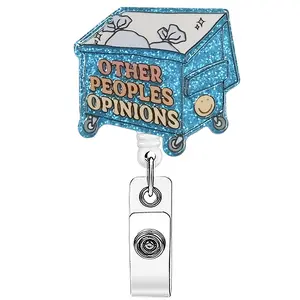 A name tag retractable buckle, Retractable badge holder, Badge Reels Retractable, in the shape of a blue glittery trolley with text and smiling faces, equipped with a retractable structure and a metal clip, for hanging name tags