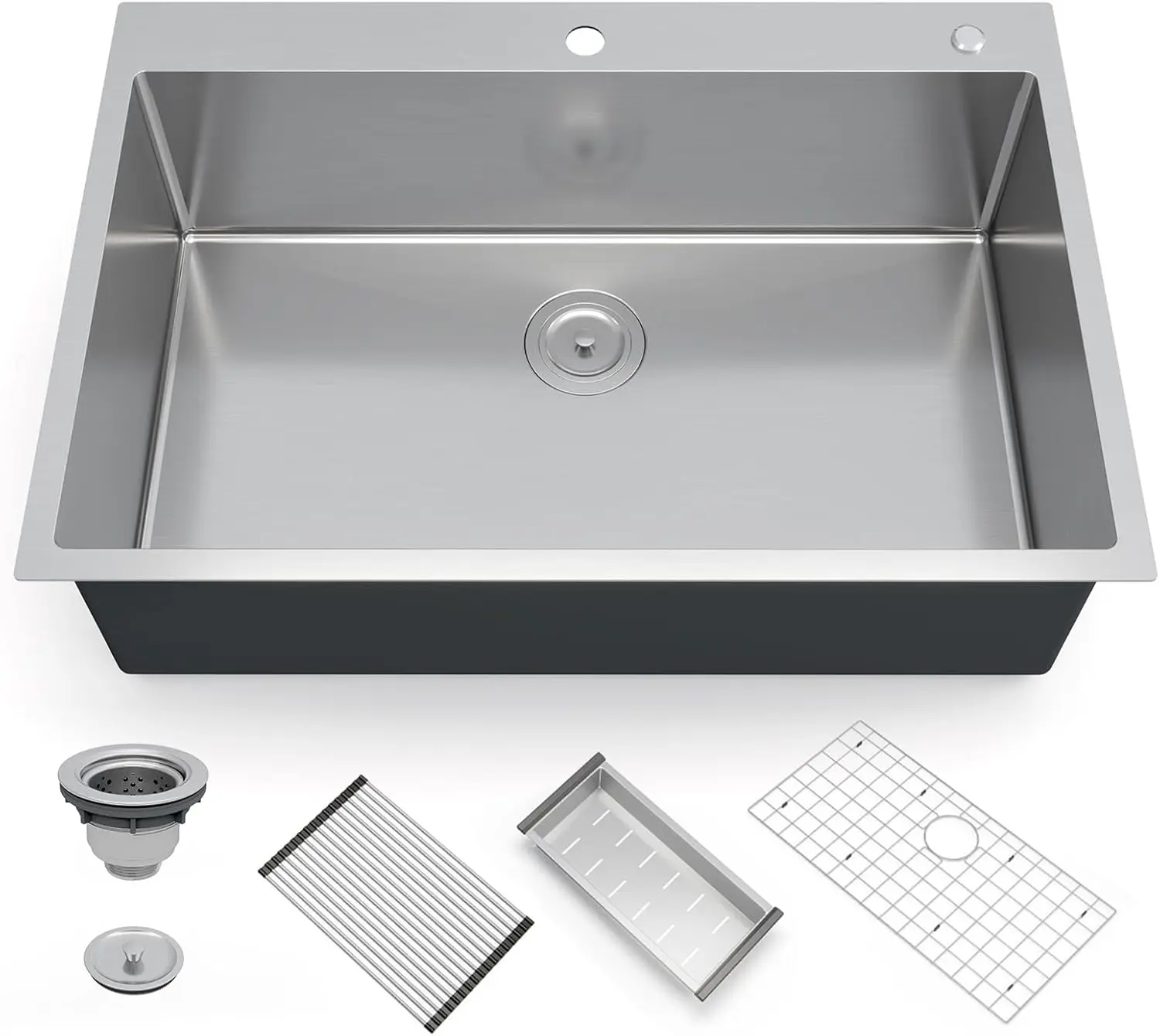 Stainless Steel Kitchen Sink 30 x 22 x 10 inch 304 Topmount Single Bowl, Handcrafted Brushed Finish with Bottom Grid, Colander and Drain Kit, Modern Countertop Sink for Kitchen Renovation