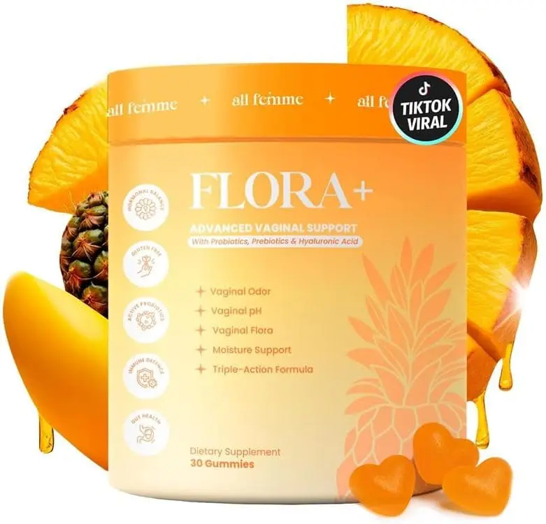 Flora+ pH Balance Vaginal Probiotic Gummies for Women – Pineapple | Prebiotics & Hyaluronic Acid · Feminine Odor and Freshness Support · Sugar Free · Vegan · Non-GMO · Gluten Free · 30 Gummies