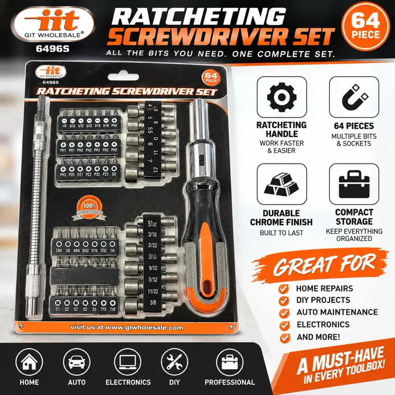 64-Piece Ratcheting Screwdriver & Socket Set with Flexible Extension – Home Repair & DIY Tool Kit